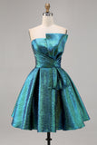 Metallic Ruched Peacock Green Strapless A Line Homecoming Dress
