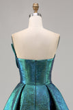 Metallic Ruched Peacock Green Strapless A Line Homecoming Dress