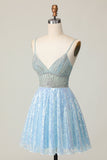 Sparkly Light Blue V Neck Sequin A Line Homecoming Dress