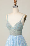 Sparkly Light Blue V Neck Sequin A Line Homecoming Dress