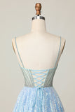 Sparkly Light Blue V Neck Sequin A Line Homecoming Dress