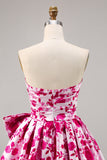 Floral Fuchsia Strapless A Line Homecoming Dress with Bow