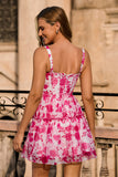 Fuchsia Floral Corset A Line Printed Short Ball Dress