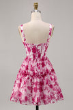 Fuchsia Floral Corset A Line Printed Short Ball Dress