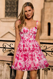Fuchsia Floral Corset A Line Printed Short Ball Dress