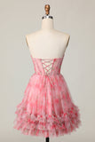 Floral Red Strapless Printed Ruffled A Line Homecoming Dress