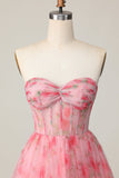 Floral Red Strapless Printed Ruffled A Line Homecoming Dress