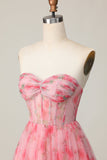 Floral Red Strapless Printed Ruffled A Line Homecoming Dress