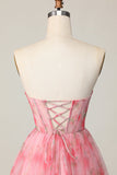 Floral Red Strapless Printed Ruffled A Line Homecoming Dress