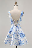 Printed White Blue Flower A Line Homecoming Dress