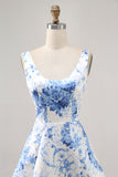 Printed White Blue Flower A Line Homecoming Dress