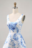 Printed White Blue Flower A Line Homecoming Dress