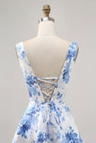 Printed White Blue Flower A Line Homecoming Dress