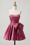 A-Line Strapless Ruched Dark Purple Short Homecoming Dress with Bow
