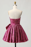 A-Line Strapless Ruched Dark Purple Short Homecoming Dress with Bow