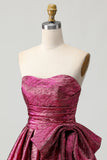 A-Line Strapless Ruched Dark Purple Short Homecoming Dress with Bow