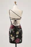Black Flower Bodycon Sequin One Shoulder Homecoming Dress