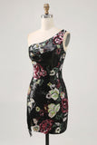 Black Flower Bodycon Sequin One Shoulder Homecoming Dress
