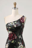 Black Flower Bodycon Sequin One Shoulder Homecoming Dress