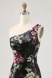 Black Flower Bodycon Sequin One Shoulder Homecoming Dress