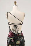 Black Flower Bodycon Sequin One Shoulder Homecoming Dress
