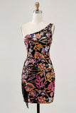 Black Flower Bodycon One Shoulder Embroidery Homecoming Dress