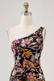 Black Flower Bodycon One Shoulder Embroidery Homecoming Dress
