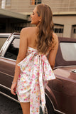 Strapless Bodycon Pink Flower Short Ball Dress with Bow