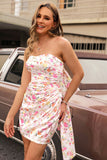 Strapless Bodycon Pink Flower Short Ball Dress with Bow