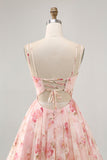 Blush Floral A Line Square Neck Corset Printed Homecoming Dress