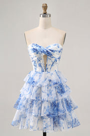Strapless White Blue Flower Corset Homecoming Dress