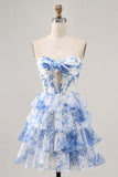 White Blue Flower Corset Cut Out Strapless Short Cocktail Dress