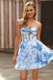 White Blue Flower Corset Cut Out Strapless Short Cocktail Dress