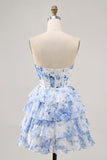 White Blue Flower Corset Cut Out Strapless Short Cocktail Dress