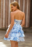 White Blue Flower Corset Cut Out Strapless Short Cocktail Dress