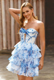 White Blue Flower Corset Cut Out Strapless Short Cocktail Dress