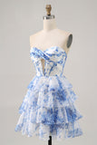 Strapless White Blue Flower Corset Homecoming Dress