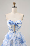 Strapless White Blue Flower Corset Homecoming Dress
