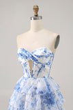 Strapless White Blue Flower Corset Homecoming Dress