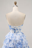 Strapless White Blue Flower Corset Homecoming Dress
