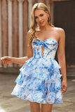 White Blue Flower Corset Cut Out Strapless Short Cocktail Dress