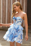 White Blue Flower Corset Cut Out Strapless Short Cocktail Dress