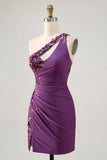 Dark Purple One Shoulder Bodycon Homecoming Dress with Appliques