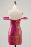 Sparkly Fuchsia Off The Shoulder Bodycon Sequin Homecoming Dress