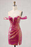 Sparkly Fuchsia Off The Shoulder Bodycon Sequin Homecoming Dress