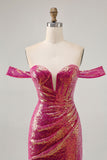 Sparkly Fuchsia Off The Shoulder Bodycon Sequin Homecoming Dress