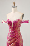 Sparkly Fuchsia Off The Shoulder Bodycon Sequin Homecoming Dress