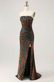 Strapless Peacock Green Corset Burnout Velvet Bridesmaid Dress with Slit