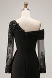 Black Sheath Asymmetrical Long Mother of the Bride Dress with Lace Appliques