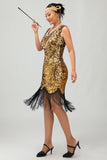 Sparkly Black Golden V Neck Bodycon 1920s Dress with Fringes